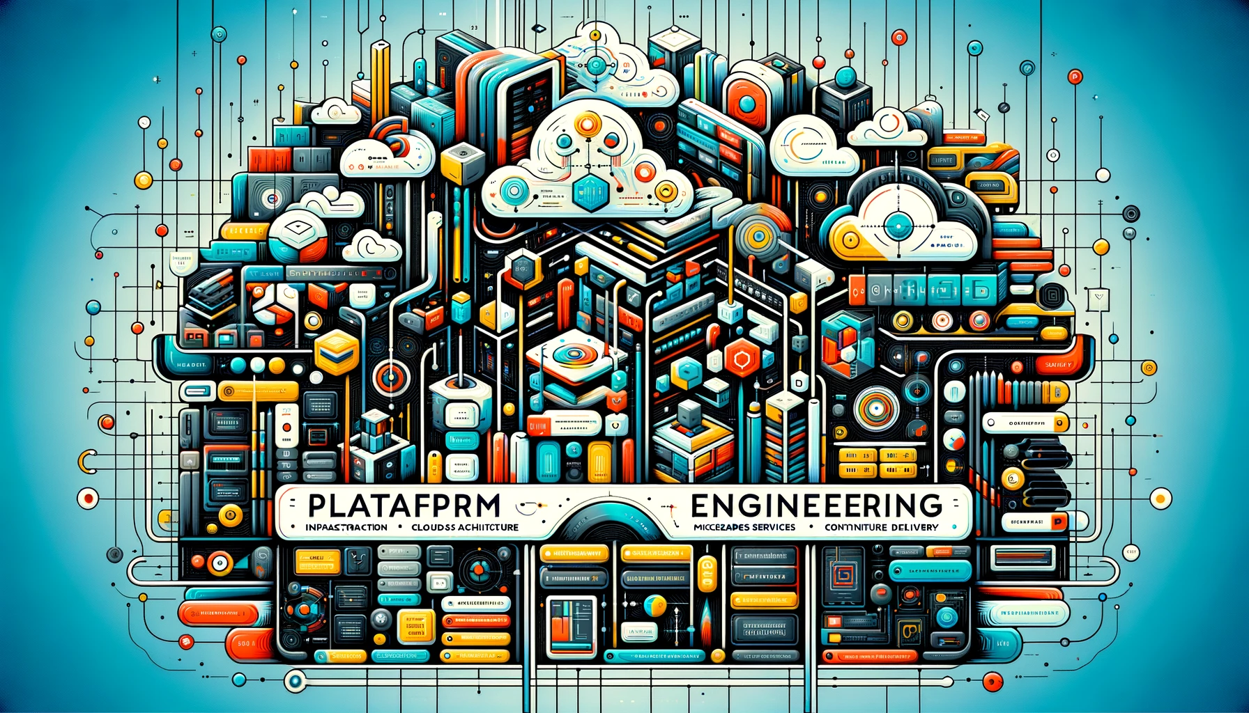 DALL·E 2024-02-21 14.35.31 - Generate an abstract visualization of Platform Engineering, mirroring the style used for Headless CMS and Web + Mobile Software Development. This artw